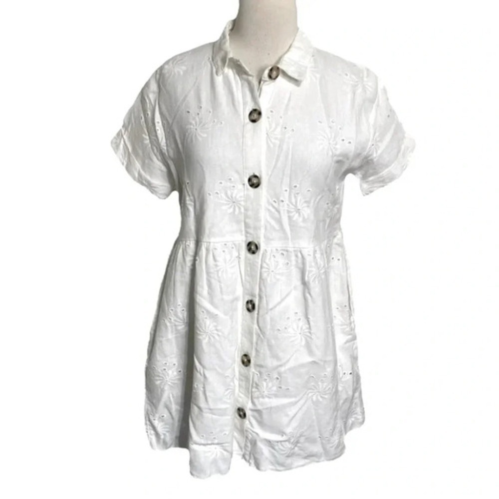 Zara Shirt Dress Medium White Eyelet Cotton Linen Button Front Babydoll Mini